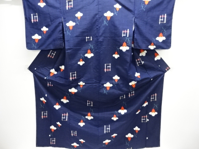 JAPANESE KIMONO / UNUSED TSUMUGI \ WOVEN ARABESQUE FLOWER 